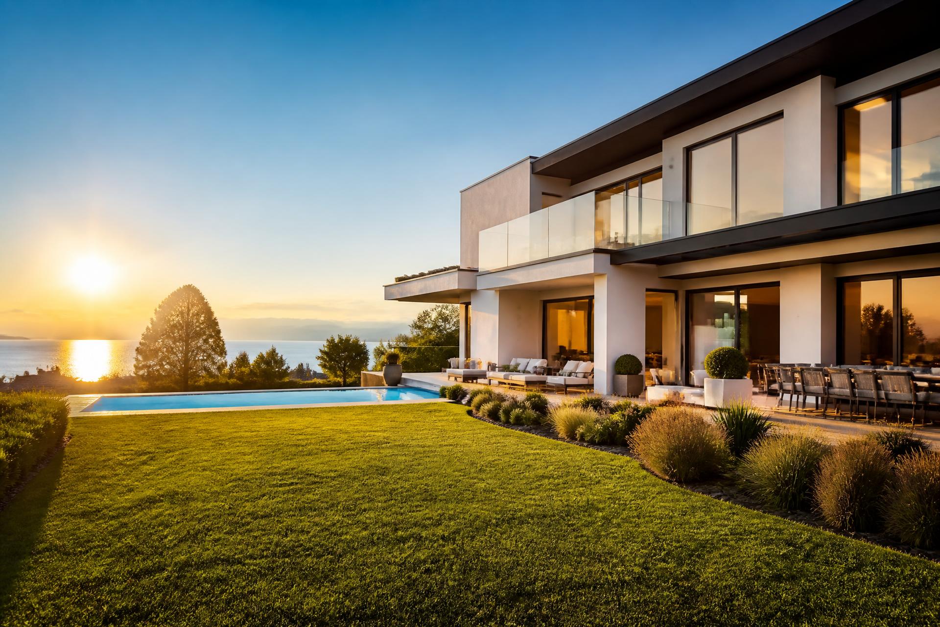 Villa contemporaine avec vue sur le lac au coucher du soleil